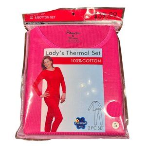 Womens Cotton Waffle Knit Thermal Underwear Stretch Shirt Pant Set Pink Size S